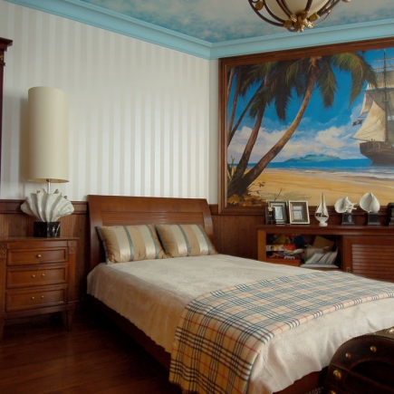 Pirate bedroom with a sky-painted ceiling, mahogany wardrobe and a ship wall mural