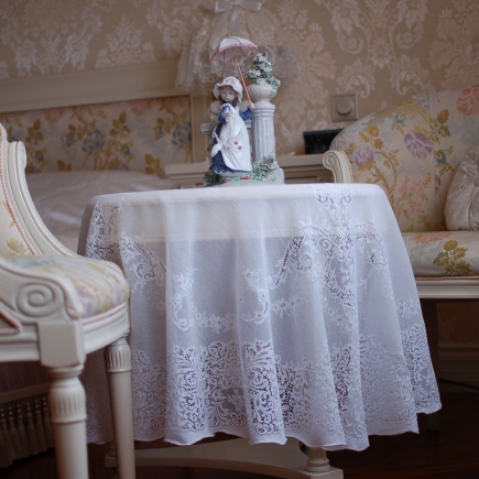 Silk curtain detail with porcelain roses and pearl-bead trim