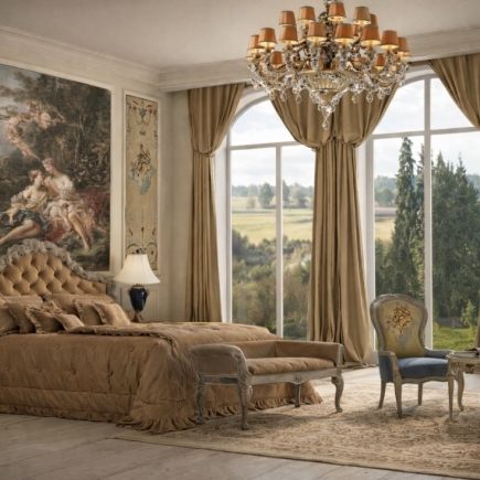 Bedroom with tufted upholstered headboard, crystal chandelier, and arched window view