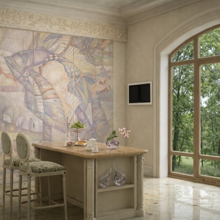Breakfast nook beside an arched window with a decorative wall mural