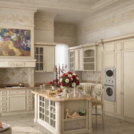 Classic kitchen with a marble island, carved range hood, and built-in ovens