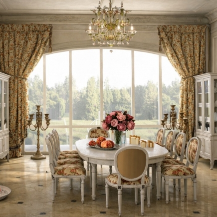 Dining room beneath an arched window with a floral centerpiece and candelabra