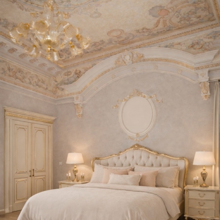 Bedroom with a hand-painted fresco ceiling, tufted headboard, and gilt nightstands
