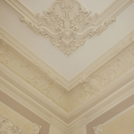 Detail of the hand-carved plaster cornice and ceiling ornament