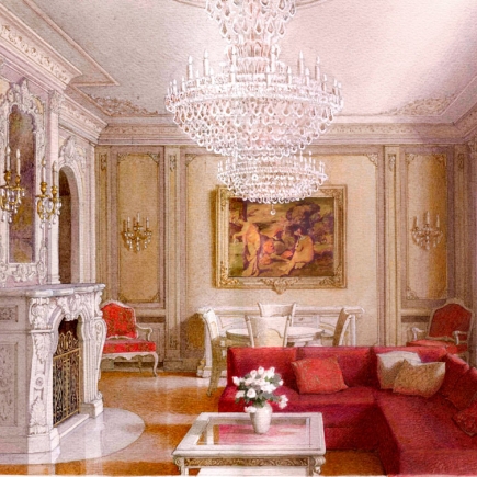 Formal living room with a crystal chandelier, marble fireplace, gilded boiserie, and a red velvet sectional sofa