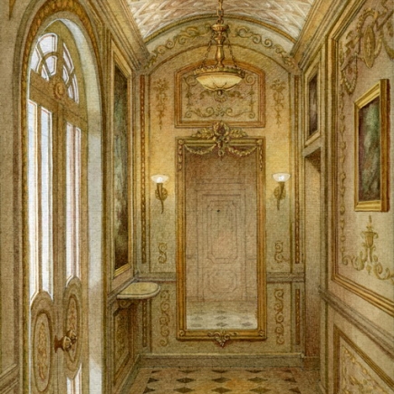 Hand-painted fresco corridor with a gilt chandelier and arched paneled door