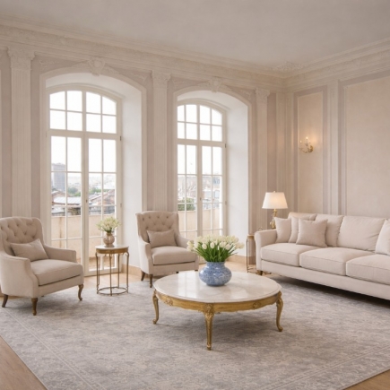 Living room with arched French windows, tufted armchairs, and a round marble coffee table on a patterned rug