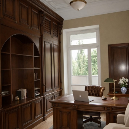 Mahogany home library with a built-in bookcase, leather desk chair, and laptop