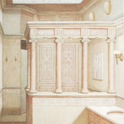 Watercolor rendering of the marble-columned entry hall design