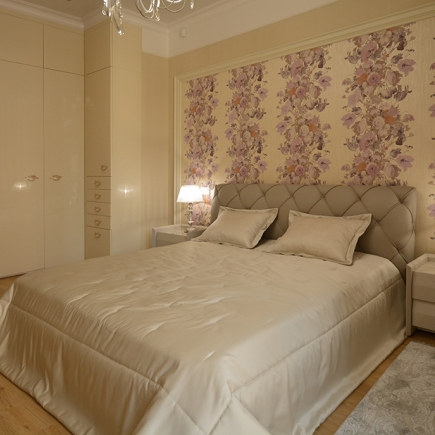 Bedroom with built-in wardrobe, tufted headboard, and floral wallpaper