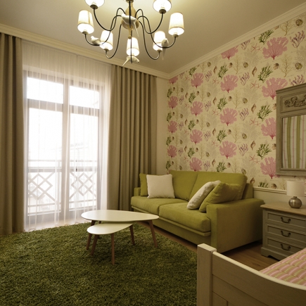 Children's room with botanical wallpaper, olive-green sofa, and shag rug