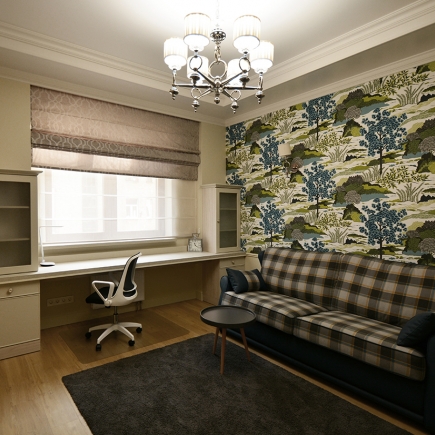 Home office with plaid armchair, built-in desk, and a bold botanical accent wall
