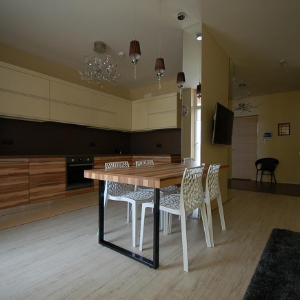 Open kitchen and dining area with a wood dining table, molded chairs, and pendant lights