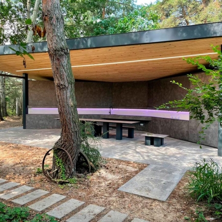 Exterior view of the pavilion with a pine tree trunk growing through the open-air structure