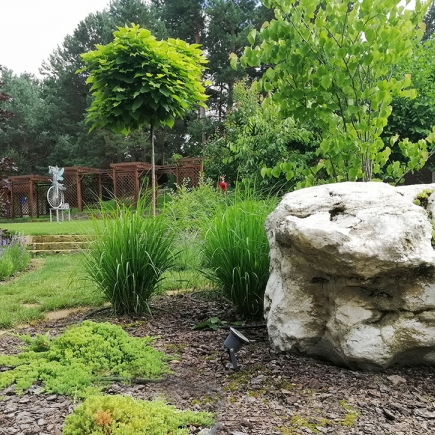 Garden boulder framed by ornamental grasses and a topiary tree