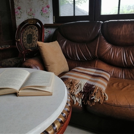 Open book on the marble table beside the leather sofa and striped throw