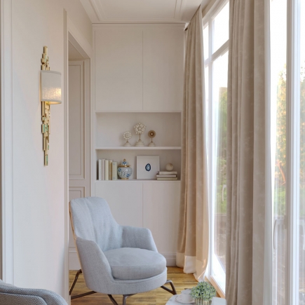 Detailed view of classical cornice and molding work