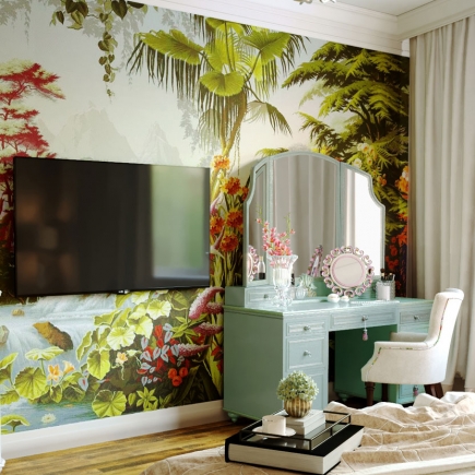 Guest bedroom with classical furniture and soft lighting