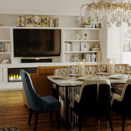Living room interior with classical furniture and warm lighting