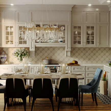 Modern classical kitchen interior with marble countertops