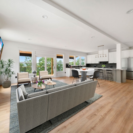 Living room seating area with kitchen and dining space beyond