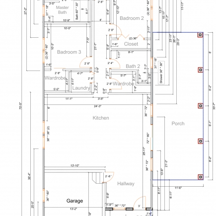 The Appalachian House floor plan showing the garage, kitchen, living area, three bedrooms, and bathrooms