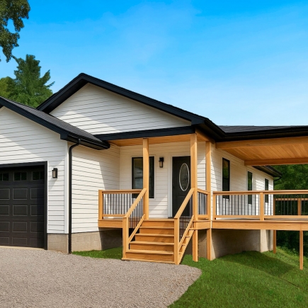 The Appalachian House — front exterior with attached garage, covered entry, and wraparound deck