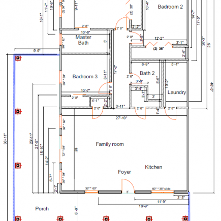 The Blue Ridge House floor plan showing bedrooms, bathrooms, family room, kitchen, and porch